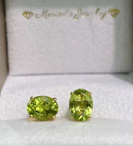 14k Solid Yellow Gold Solitair/ One Stone Stud Earrings, Natural Peridot 2.20CT - Picture 1 of 11