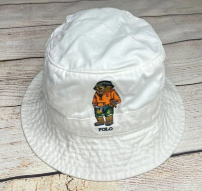 Polo Ralph Lauren Men Bucket Hat White Solid Pattern Bear Logo Authentic S/M - Image 1 of 3