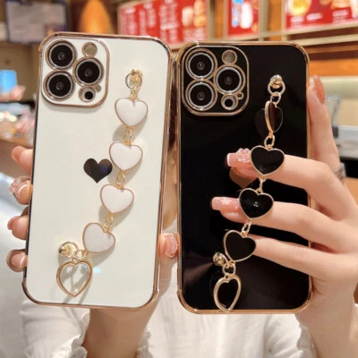 For iPhone 14 13 12 11 Pro Max 15 16 Plating Cute Heart Bracelet TPU Case Cover - Image 1 of 4