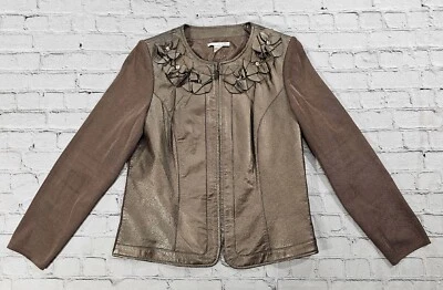 Peter Nygard WOMENS M Leather Jacket Pedal Collar Knit Sleeves Brown Metallic - Image 1 of 4