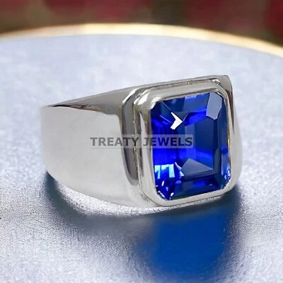 Piedras preciosas de zafiro azul talla esmeralda con anillo de plata de ley 925 para hombre #306 Foto 1 de 4