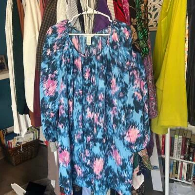 Abstract Floral Pink Blue XXL Peasant Blouse Top - Image 1 of 4