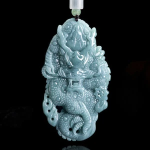 Real Grade A Natural Blue Jade Jadeite Men Women Lucky Dragon Pendant 73*42mm - Picture 1 of 7