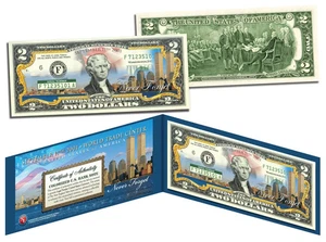 WORLD TRADE CENTER 9/11 Skyline COLORIZED Legal Tender $2 USA BILL *NEVER FORGET - Picture 1 of 2
