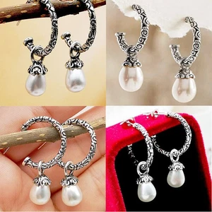 Jewelry Women Ear Stud Classy Dangle Silver plated Vintage Pearl Earrings - Picture 1 of 1