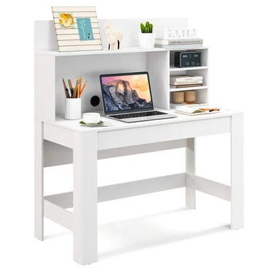 Home Office Computer Desk Study Table Writing Workstation Hutch Cable Hole White - Image 1 of 4