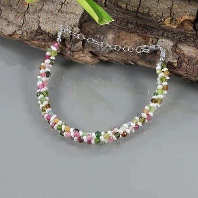 Bracciale ritorto in argento sterling 925 con perline multi tormalina e... - Immagine 1 di 4