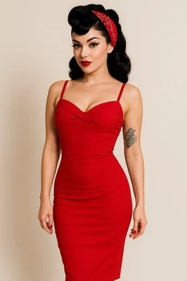 Stop Staring Retro Wiggle Dress Large Red Thin Strap Pinup Rockabilly 50s 60s - Image 1 of 4