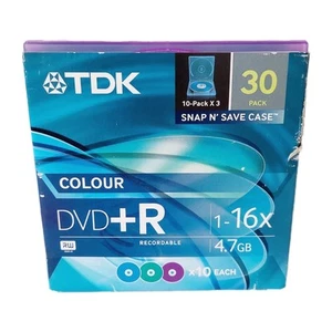 TDK DVD+R 4.7gb 16x - 30 Pack - Plastic Snap N' Save DVD Case - Opened Not Used - Picture 1 of 5
