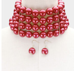 Red Pearl Multi Strand Layered Bead Choker Jewelry Necklace Set Chunky