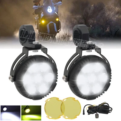 2x 100W LED Motorcycle Driving Fog Spot Light Auxiliary Lamp White+Amber w/Wire - Image 1 of 4