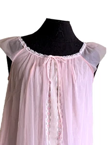 Vintage Pink Chiffon Floral Lace Long Nightgown Union Barbie Cottage Sz S - Picture 1 of 13