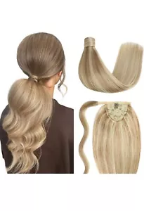 Ponytail Human Hair Wrap Around Clip in Hair Piece 16 Inch #P18/613 Ash Blonde - Picture 1 of 6