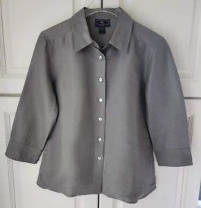 Chelsea Campbell 100% Silk Shirt 10 Gray 3/4 Slit Sleeve Button Up Collar Blouse - Picture 1 of 13