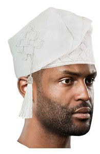 White Embroidered African Hand woven Aso Oke Hat with tassels