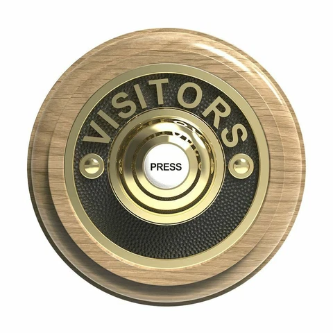Traditional Round Wired Doorbell VISITORS in Natural Unvarnished Oak and Brass Cover