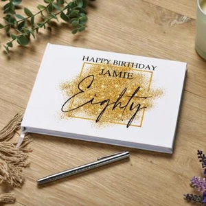 Personalised 80th Birthday Gift Guest Book Gold Sparkles Design GB-179