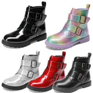 Boys Girls Fashion Boots Glitter Ankle Boots Side Zipper Combat Riding Boots - Picture 1 of 18