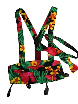 Nuevo HAWAIANO Para Hombres Conjunto Formal Pajarita Cummerbund Tirantes David’s Luau Boda Foto 1 de 4