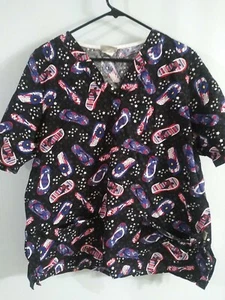Tafford Uniforms Womens Plus Size M Black Flip Flops Stars Medical Scrub Top - Picture 1 of 4