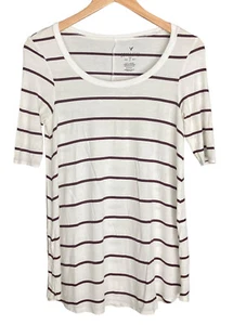 AMERICAN EAGLE Soft & Plush Sz S Striped Tee-Shirt Round Neck White *Defect AEO - Picture 1 of 6