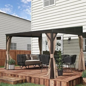 12‘x14’ Hardtop Gazebo Against Wall w/Sloping Steel Roof,Curtains&Netting - Picture 1 of 7