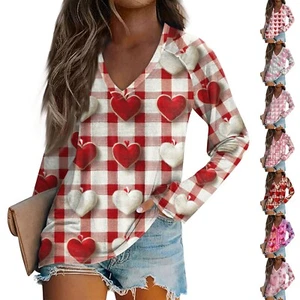 Women's Fashion T-Shirt V-Neck Long Sleeve Valentine's Day Printed Casual Top - Picture 1 of 36