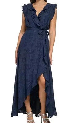 Maxi Vestido Para Mujer DNKY Azul Metálico Manga Acampanada Cintura Atada  Foto 1 de 4