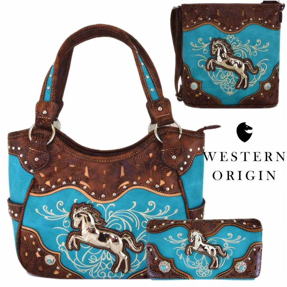 Western Horse Concealed Carry Purse Women Shoulder Bag Crossbody Bag Wallet Turq - Image 1 of 1