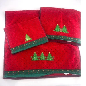 Toallas de baño vintage de Navidad árboles crepusculares rojo verde bordado navideño - Imagen 1 de 7