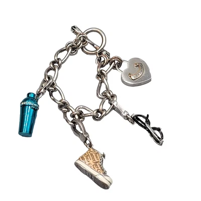 Juicy Couture Charm Bracelet Silver Tone Heart Lock Sneaker Glasses Cocktail 6" - Image 1 of 4