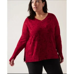 Felpa Athleta Coaster Luxe scollo a V rosso agata paisley taglia 1x - Foto 1 di 6