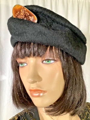 Vintage black Beret hat 60s felt Turban pillbox Wool copper enamel Brooch draped - Image 1 of 4