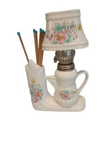 Vtg Teapot Dainty Floral Porcelain Oil Lamp 7 ½” & Match Holder Unburned! - Picture 1 of 7