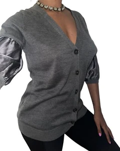 Bcbgmaxazria Cashmere Silk Blend VNeck Sweater Button Up Puff Sleeve Womens Sz M - Picture 1 of 4