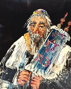 1977 JUDAICA LISTED MORRIS KATZ ORIGINAL Sd IMPASTO OIL on BOARD RABBI w/ TORAH - Picture 1 of 11