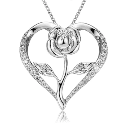 925 Placcato Argento Fiore Rosa Pendente Catena Lucente Matrimonio Collana - Immagine 1 di 3