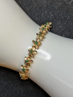 Pulsera Oro 14K Flor Plumeria y Esmeralda Natural 7" 10,51 gramos Foto 1 de 4