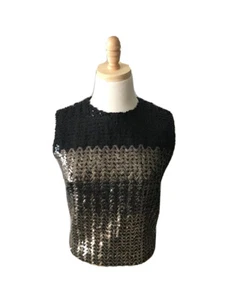 Vtg Art Deco Sequin Embellished Sleeveless Top Black Silver Zip Up Back Sz 10 - Picture 1 of 11