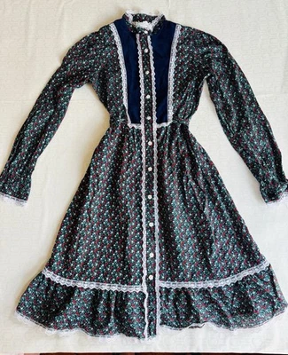 VTG 70'S BEAUX AGE BLUE&RED CALICO FLORAL COTTON&LACE PRAIRIE DRESS*GIRLS 14 - Image 1 of 4