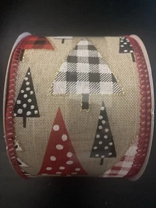 2 1/2 ”x 20ft Wired Edge Ribbon Beige with red black and white Christmas trees - Picture 1 of 4