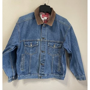 VTG Marlboro Country Store Leather Collar Blue Denim Trucker Jacket M - Picture 1 of 24