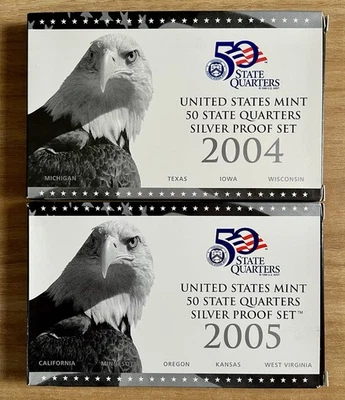 2004-S & 2005-S 50 State Quarter 90% Silver Proof Coin Sets. Box & COA! 🪙🔥 - Image 1 of 4
