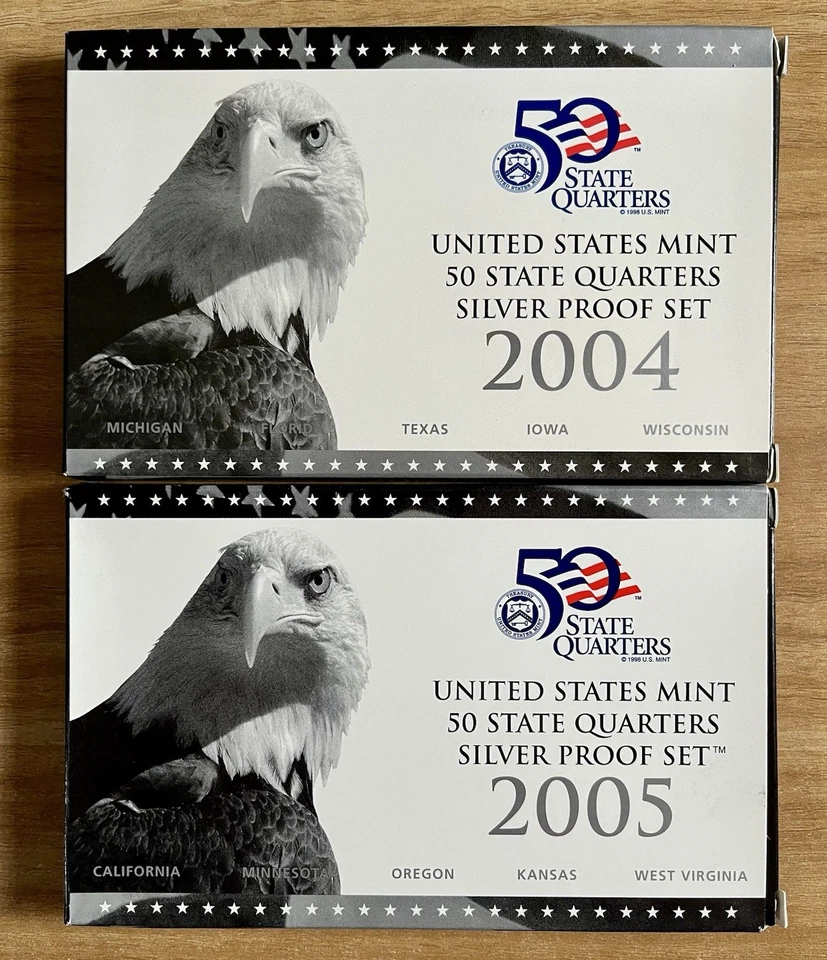 2004-S & 2005-S 50 State Quarter 90% Silver Proof Coin Sets. Box & COA! 🪙🔥 - Image 1 of 4