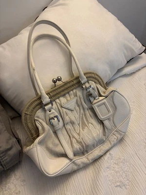 Prada Beige and Cream Kiss Lock Satchel Bag - Image 1 of 4