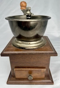 Vintage Wood & Cast Iron Manual Coffee Grinder Crank Box Mill Wood Box Drawer - Picture 1 of 7