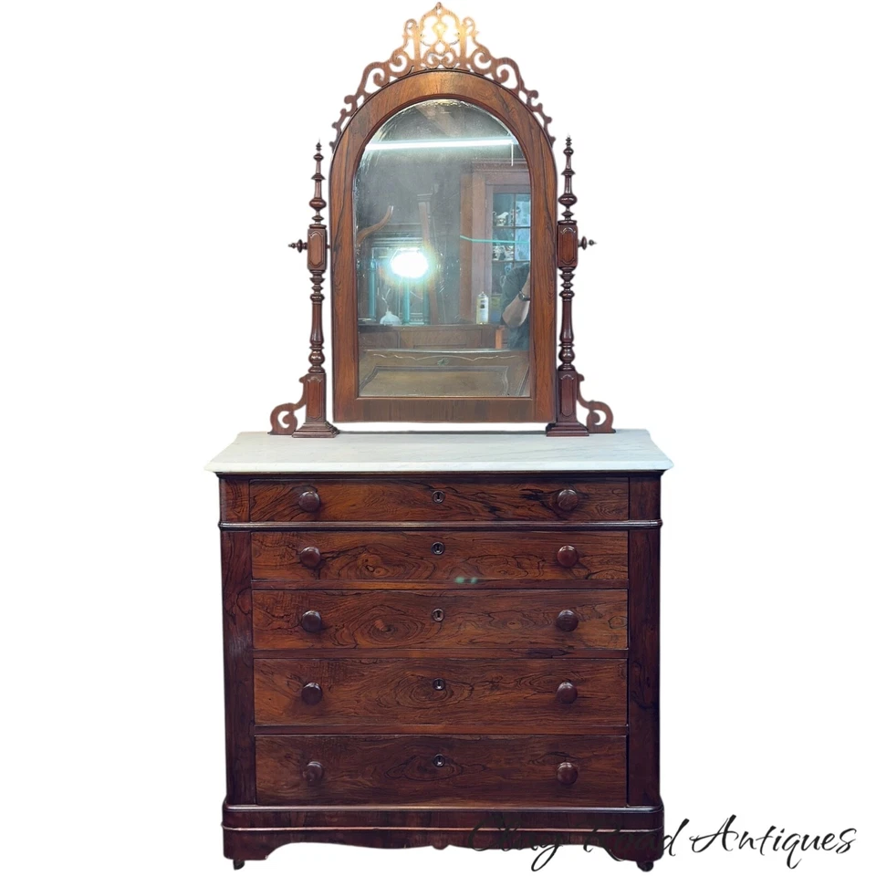 Cómoda antigua victoriana de mármol de palisandro firmada J & J.W Meeks Chest NY Foto 1 de 4