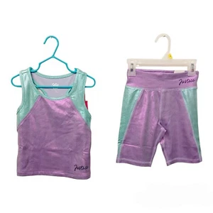 Justice Girls Bike Short Set-7/8-Purple-Green-Shiny - Picture 1 of 5