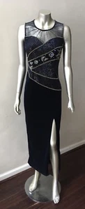 Beaded Embellished Vintage 90s Sheath Velour Sheer Long Split Blue Party Dress M - Picture 1 of 6