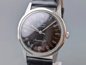 Raro! Orologio uomo vintage anni 60 Zodiac Aerospace Jet quadrante nero carica manuale - Foto 1 di 18